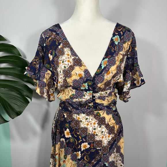 Abel The Label Boho Patchwork Maxi Dress Sz S Flutter Sleeve Wrap Look Rayon - Picture 3 of 16